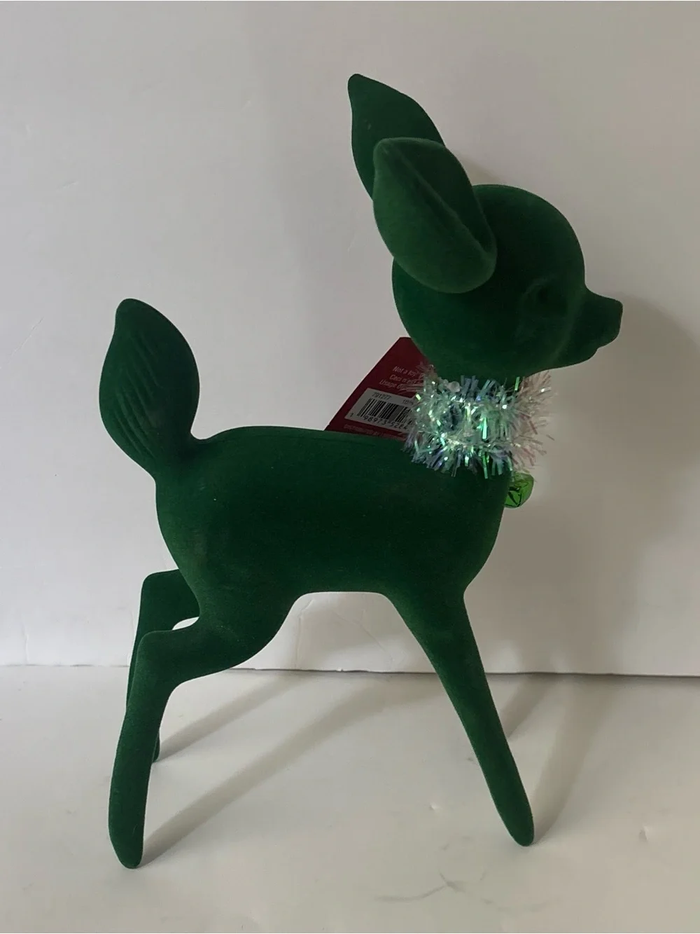 flocked large Christmas Reindeer tabletop decor NEW NWT green tinsel bells